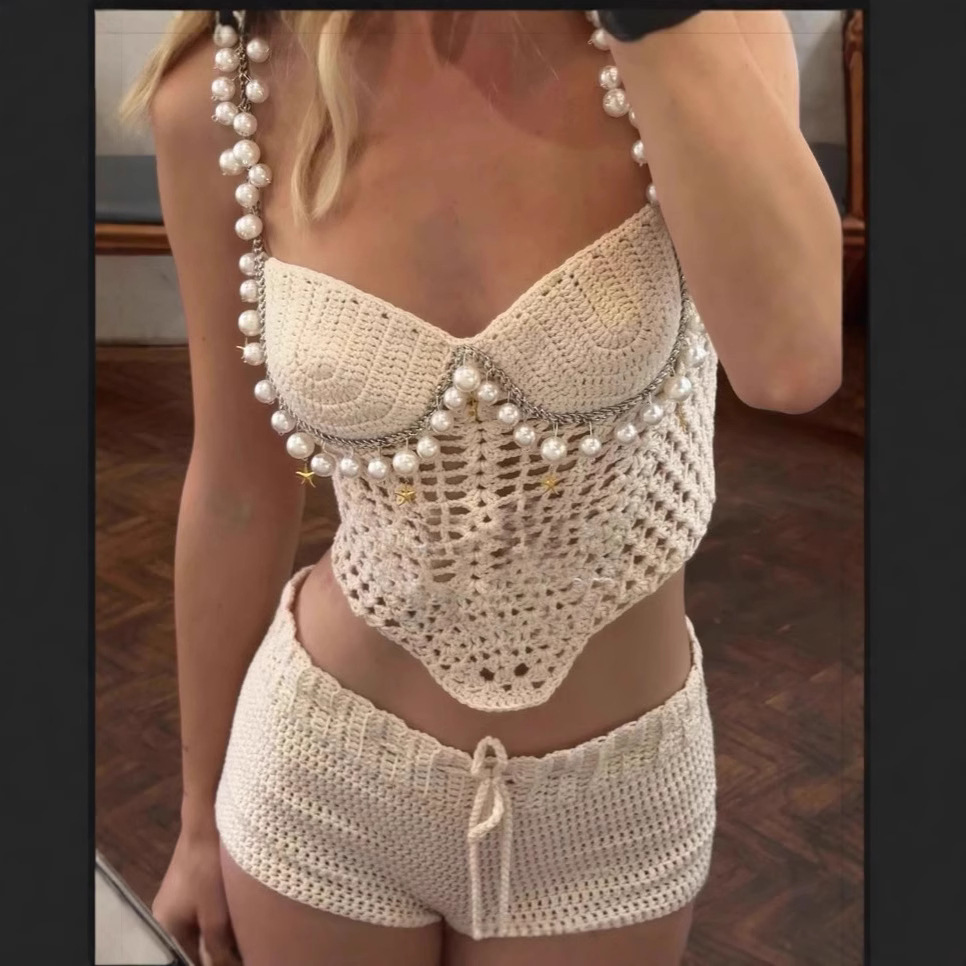 Crop Top Crochet - مثير الديكور الكروشيه المحاصيل سترة السراويل