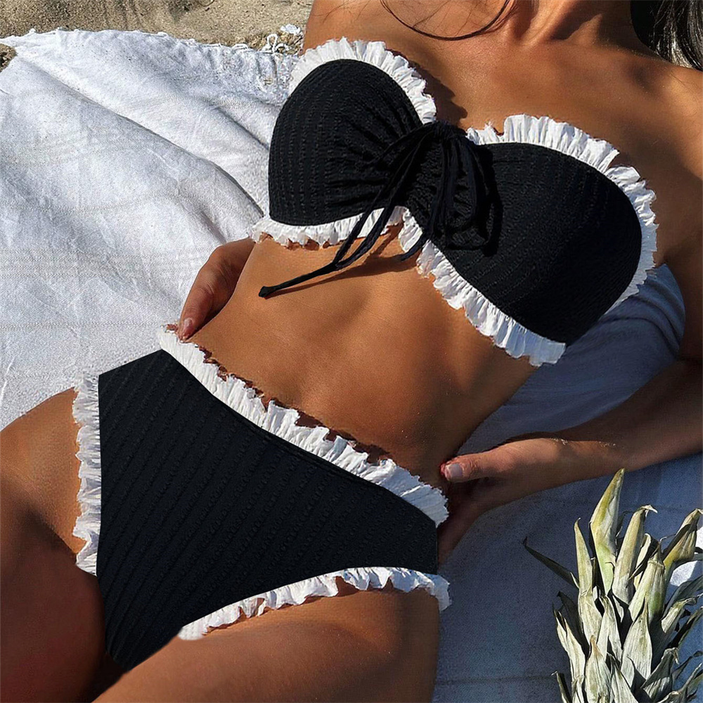 Swimsuit Bikini Ruched - بدلة سباحة سوداء مثيرة بدون أكمام