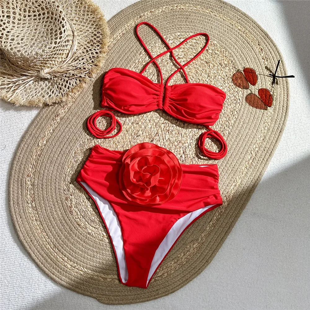 Swimsuit Bikini Ruched - مثير الأحمر ثلاثية الأبعاد زهرة ملابس