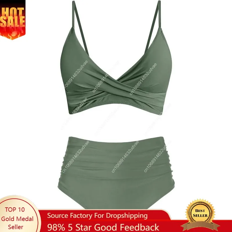 Swimsuit Bikini Ruched - طقم بيكيني نسائي بخصر مرتفع، بتصميم