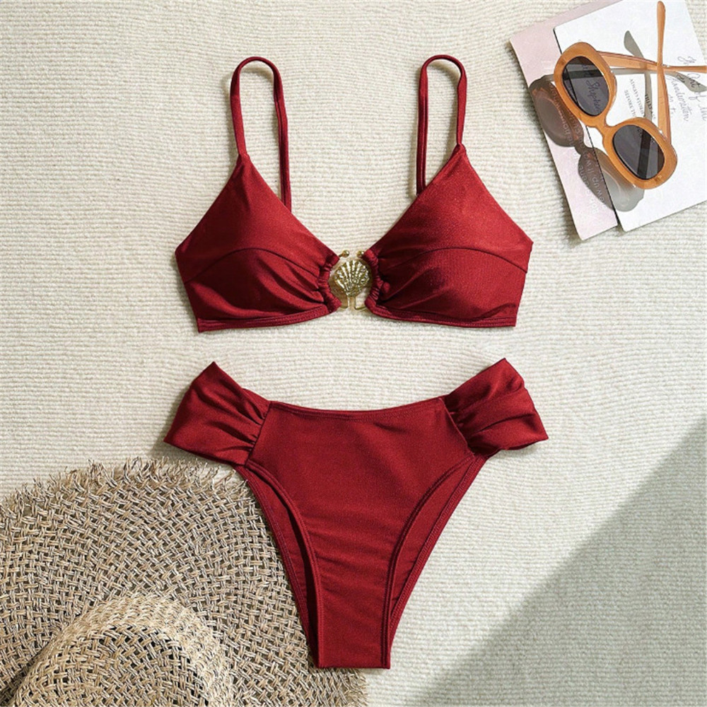 Swimsuit Bikini Ruched - بيكيني نسائي مثير بلون أحمر نبيذي،
