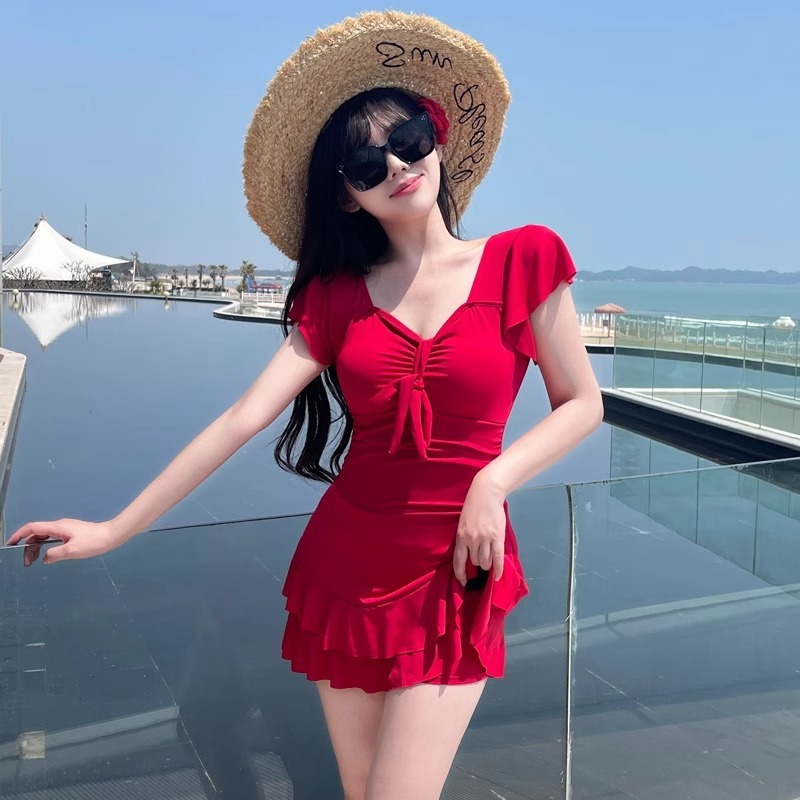 بدلة سباحة نسائية حمراء بفتحة  - مراجعة Swimsuit Bikini Ruched وسعره