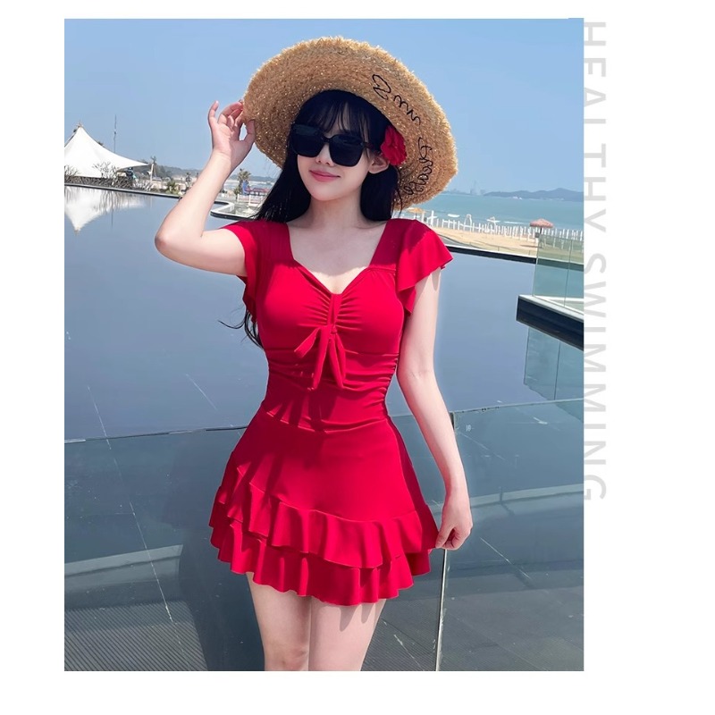 بدلة سباحة نسائية حمراء بفتحة  - مراجعة Swimsuit Bikini Ruched وسعره